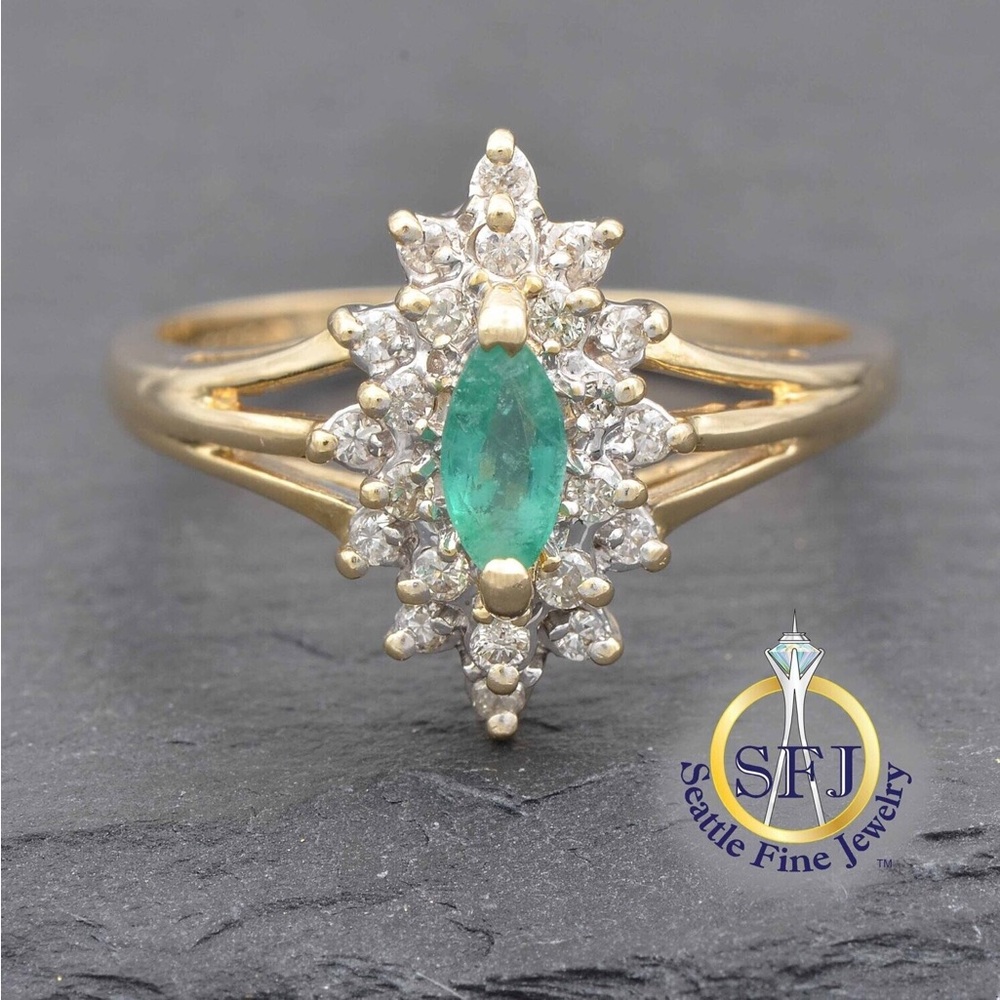 VINTAGE! Marquise Emerald and Diamond Halo Ring, Solid 14K Yellow Gold